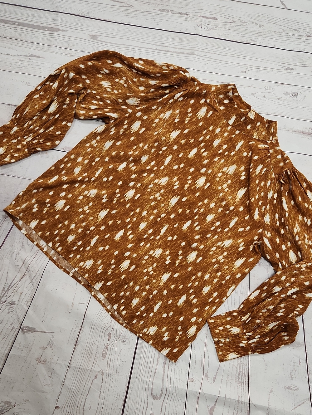 Express Rust and White Printed Puff-Sleeve Blouse